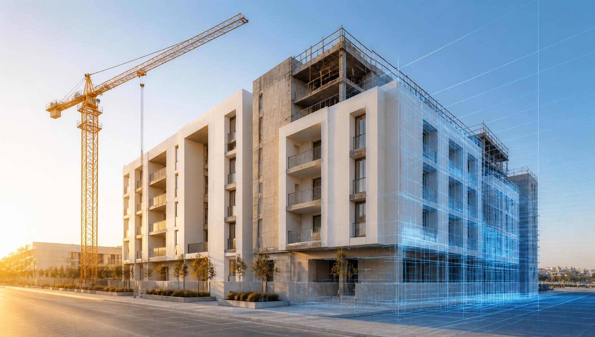 Modern Saudi residential construction project with a digital twin data overlay