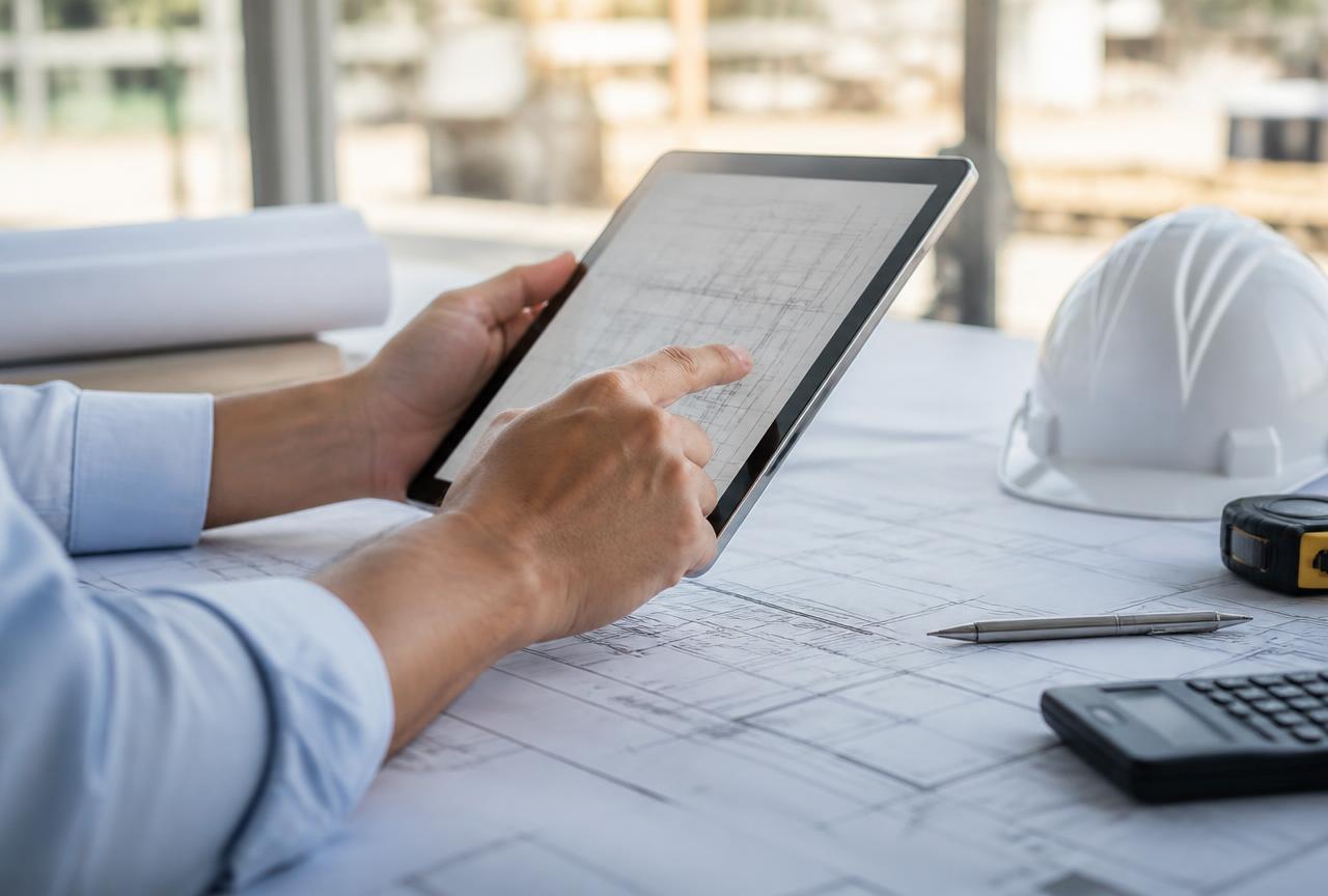 Engineer reviewing construction drawings on a tablet